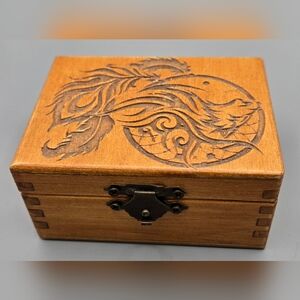 Artisan Wooden Keepsake Box w/ Carved Wolf & Feather Design Hand Made